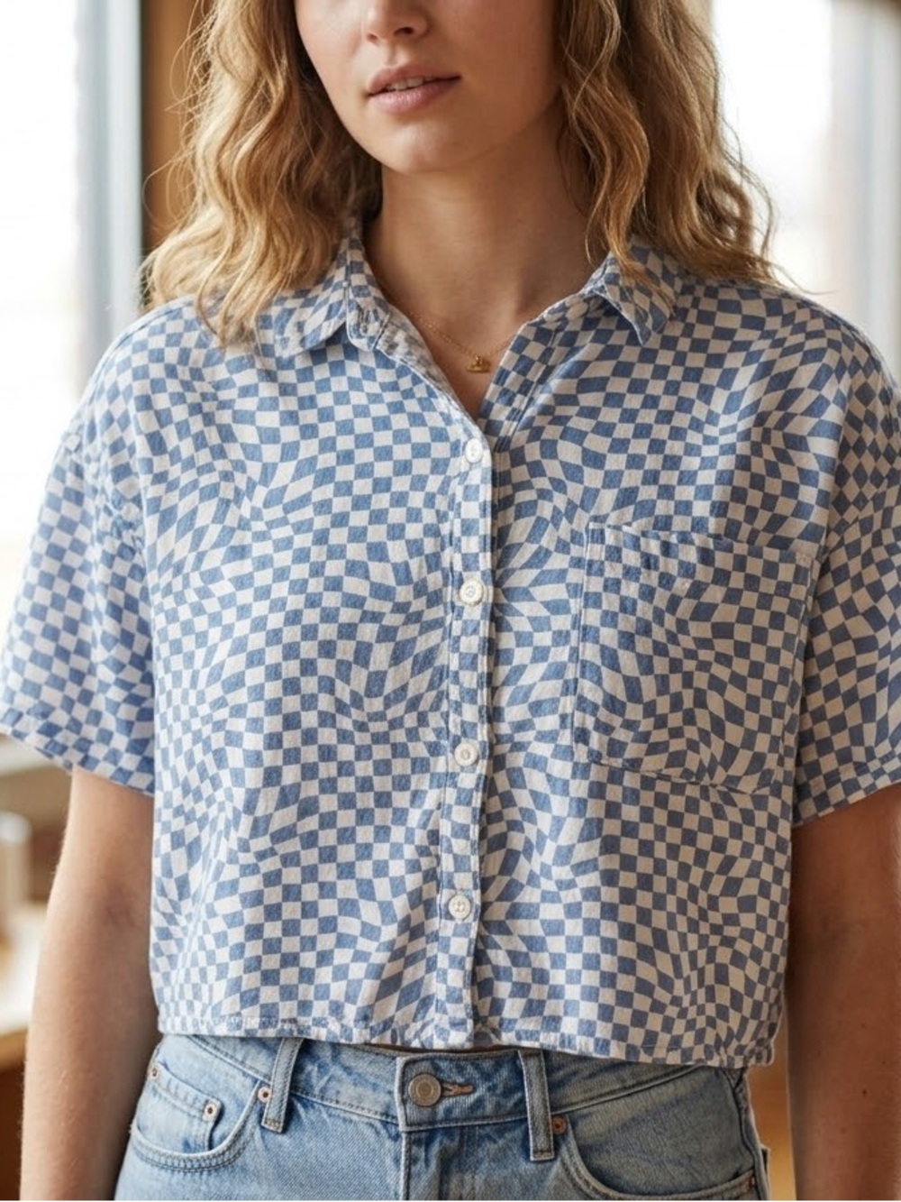 Hollister Blue and White Checker Short Sleeve Button-Down